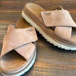 UGG Beige Suede Cross Strap Slides